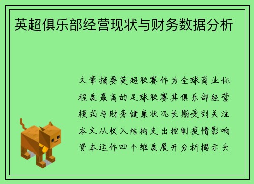 英超俱乐部经营现状与财务数据分析