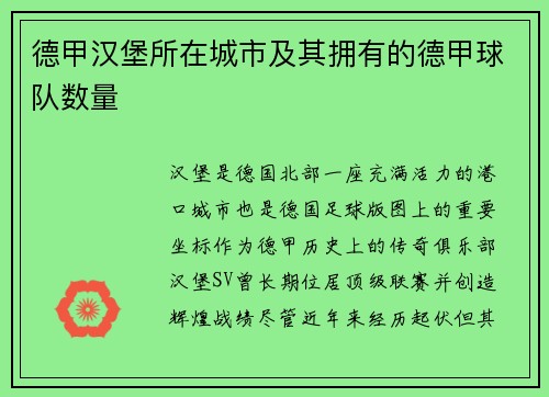 德甲汉堡所在城市及其拥有的德甲球队数量