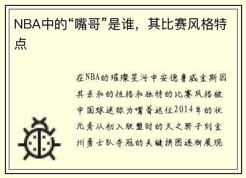NBA中的“嘴哥”是谁，其比赛风格特点